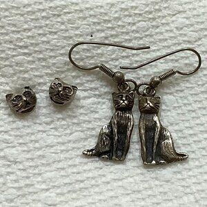 Two pair Sterling silver kitty cat earrings stud dangling